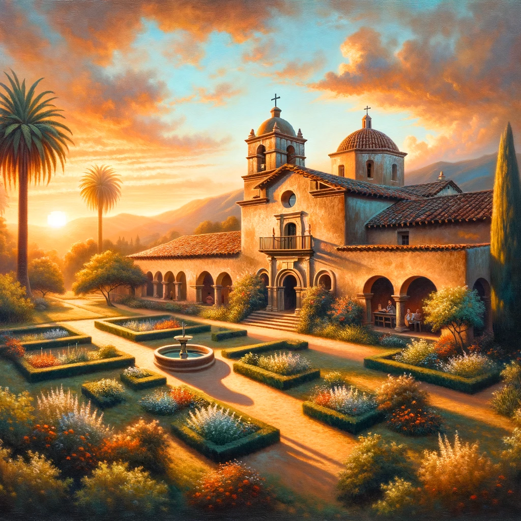 Serene painting of a Spanish mission in California at sunset, showcasing its historic architecture and lush gardens, bathed in golden light.