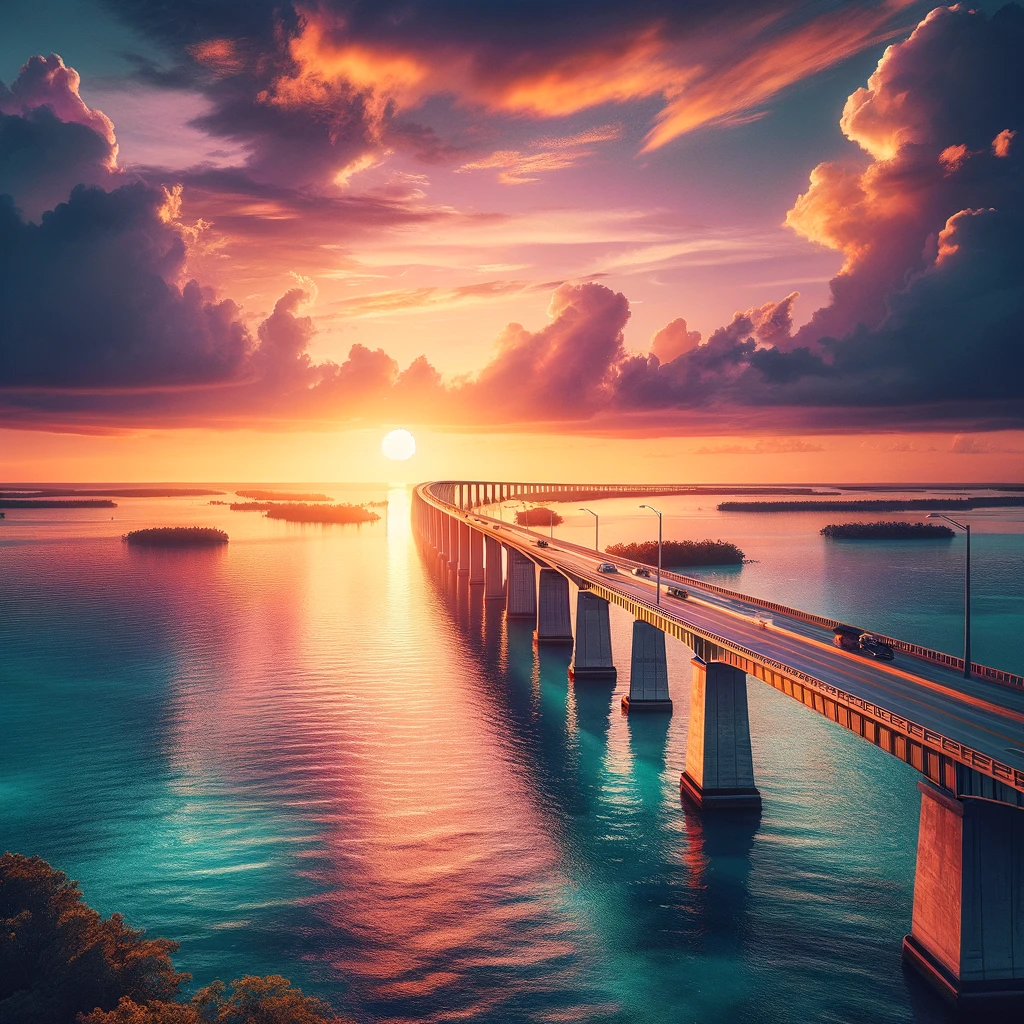 Scenic view of the Seven Mile Bridge in the Florida Keys at sunset, showcasing the bridge stretching over calm turquoise waters under a vibrant, colorful sky.