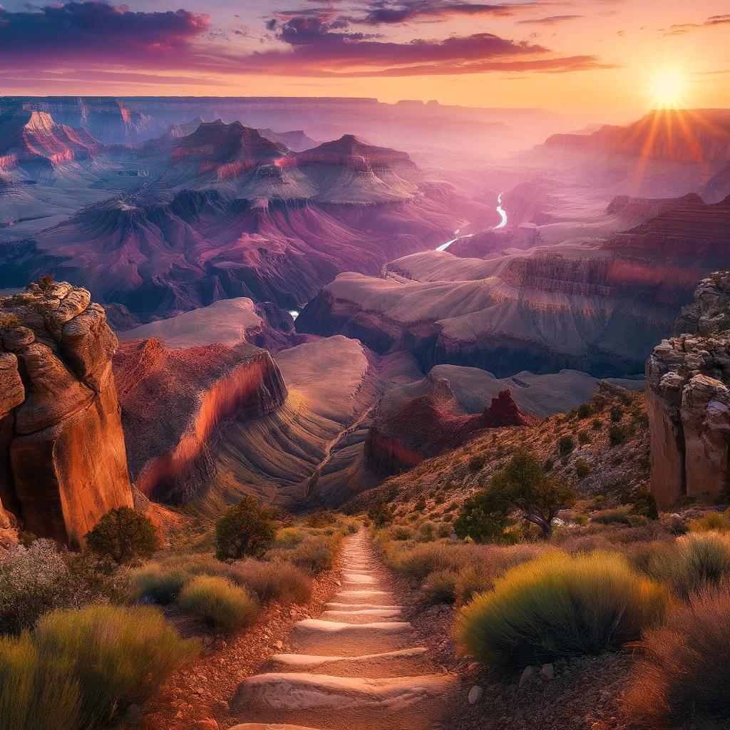Panoramic view of the Grand Canyon at sunrise, showing a hiking trail and the Colorado River.