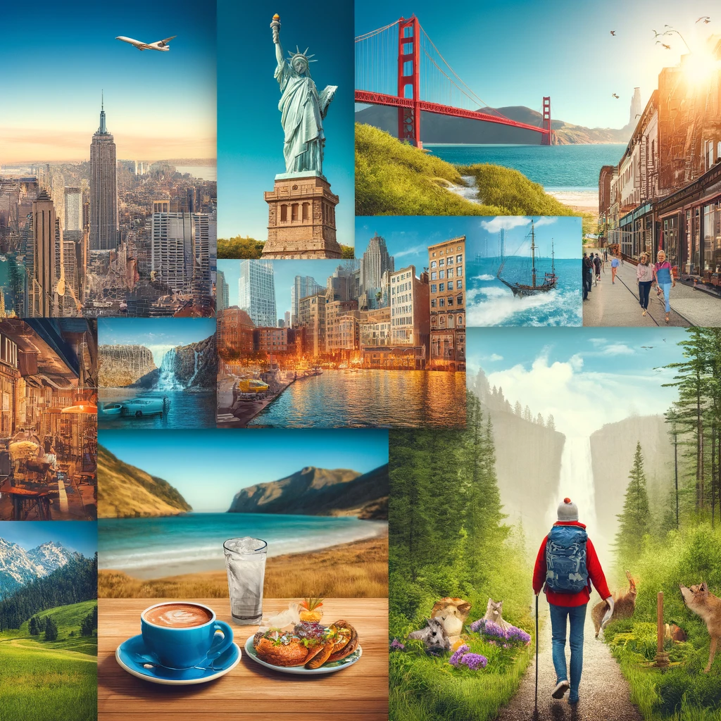 Collage of budget-friendly travel across the USA featuring a cityscape with landmarks like the Statue of Liberty and Golden Gate Bridge, hikers in a lush national park, and people enjoying coffee in a cozy local cafe.