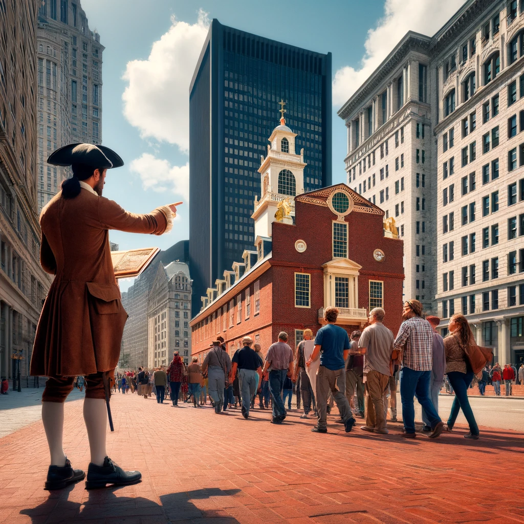 Tourists following a guide on the Freedom Trail in Boston, highlighting historical sites like the Old State House.