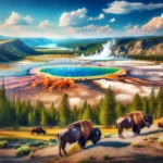 A panoramic view of Yellowstone National Park featuring the Grand Prismatic Spring with its vivid colors, surrounded by a lush forest. In the foreground, a group of bison grazes peacefully. The scene captures the park’s iconic geothermal activity and diverse wildlife, under a clear blue sky.
