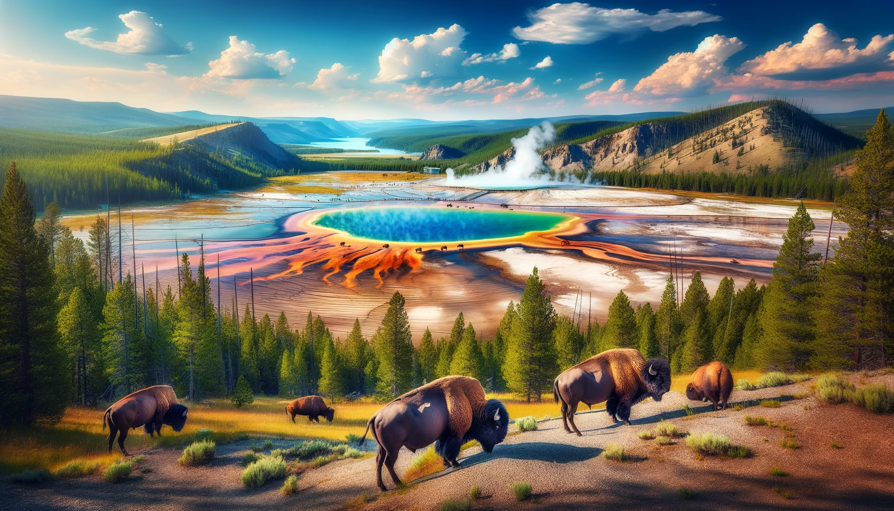 A panoramic view of Yellowstone National Park featuring the Grand Prismatic Spring with its vivid colors, surrounded by a lush forest. In the foreground, a group of bison grazes peacefully. The scene captures the park’s iconic geothermal activity and diverse wildlife, under a clear blue sky.