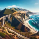 A panoramic view of the Pacific Coast Highway, featuring the Bixby Creek Bridge, rugged cliffs, and lush California coastal scenery under a clear blue sky.