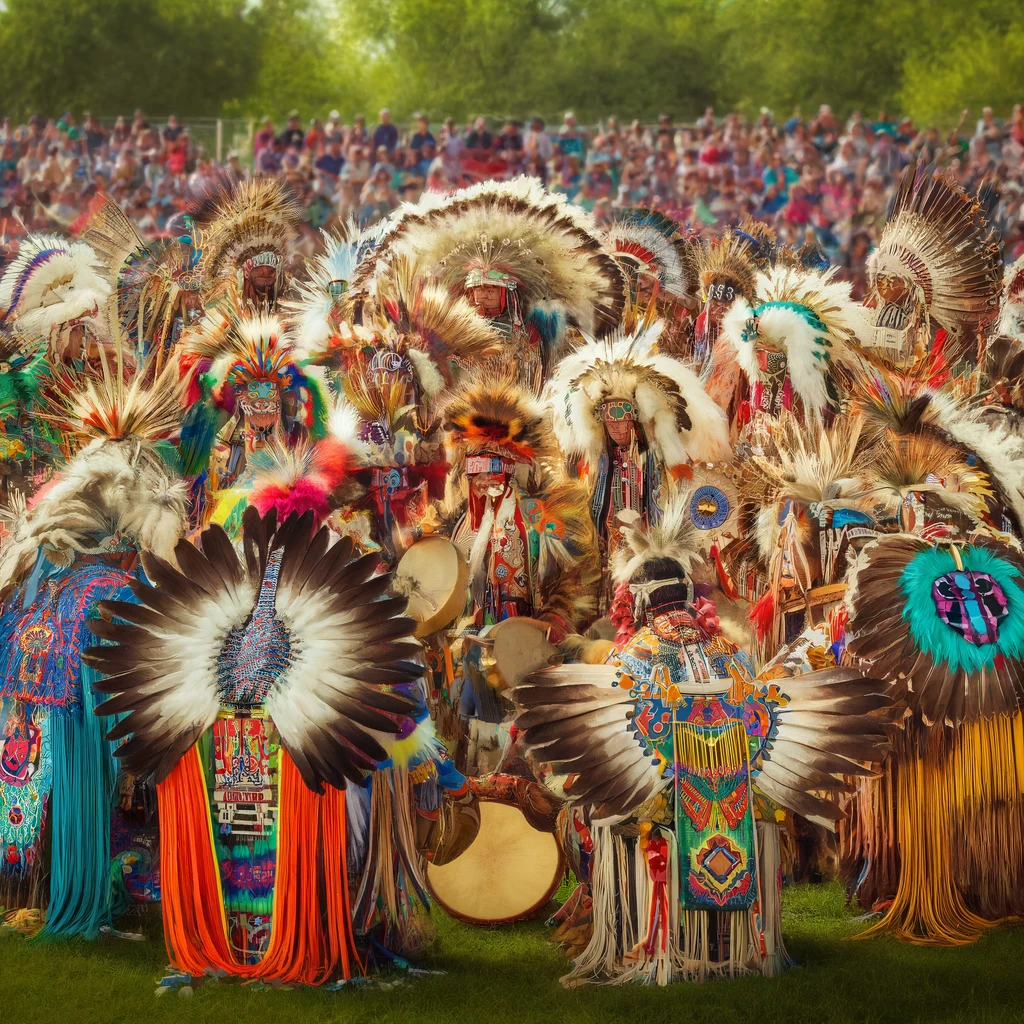 Colorful scene at a Native American powwow, featuring participants in traditional regalia with feathered headdresses and beaded accessories, a drum circle with singers and a community atmosphere in an outdoor setting.