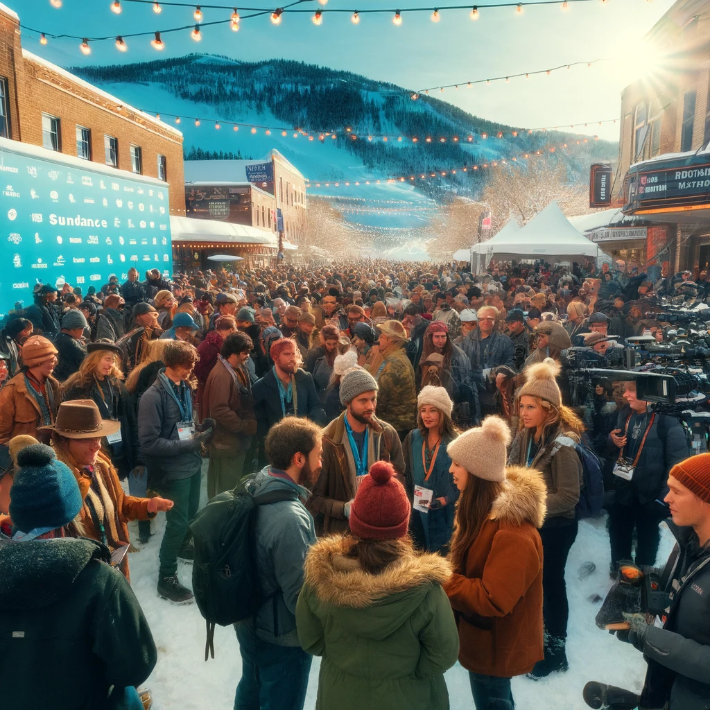 A bustling scene at the Sundance Film Festival in Park City, Utah during winter. Diverse crowds of film enthusiasts gather on a snowy street, surrounded by colorful festival banners and lights, with a snowy mountain in the background under a clear blue sky.