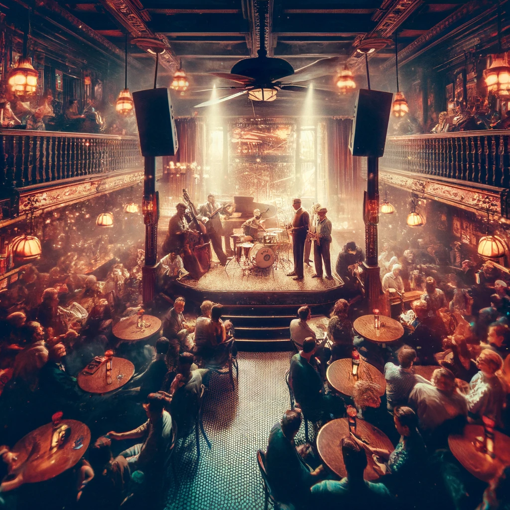 Vibrant jazz club scene in Chicago at night, showcasing a live band and energetic crowd in a 1920s-style interior.