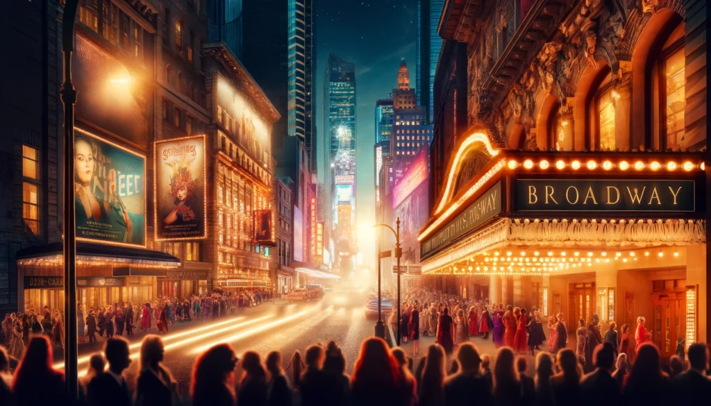 A vibrant Broadway street scene at night, showcasing theater marquees and elegantly dressed theater-goers in Times Square.
