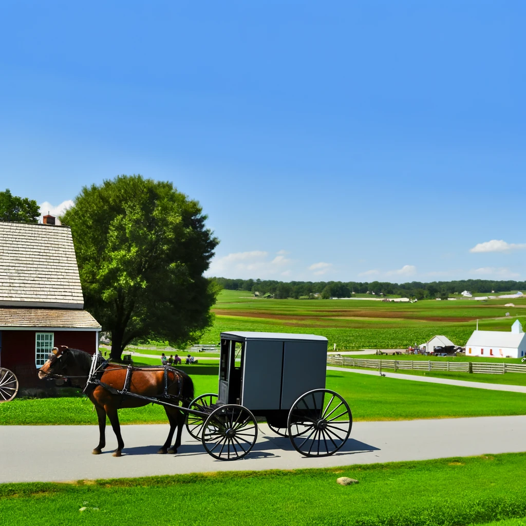 A scenic view of Pennsylvania Dutch Country showing a traditional Amish farm with a horse-drawn buggy, surrounded by lush fields under a clear blue sky, reflecting the peaceful, timeless Amish lifestyle.