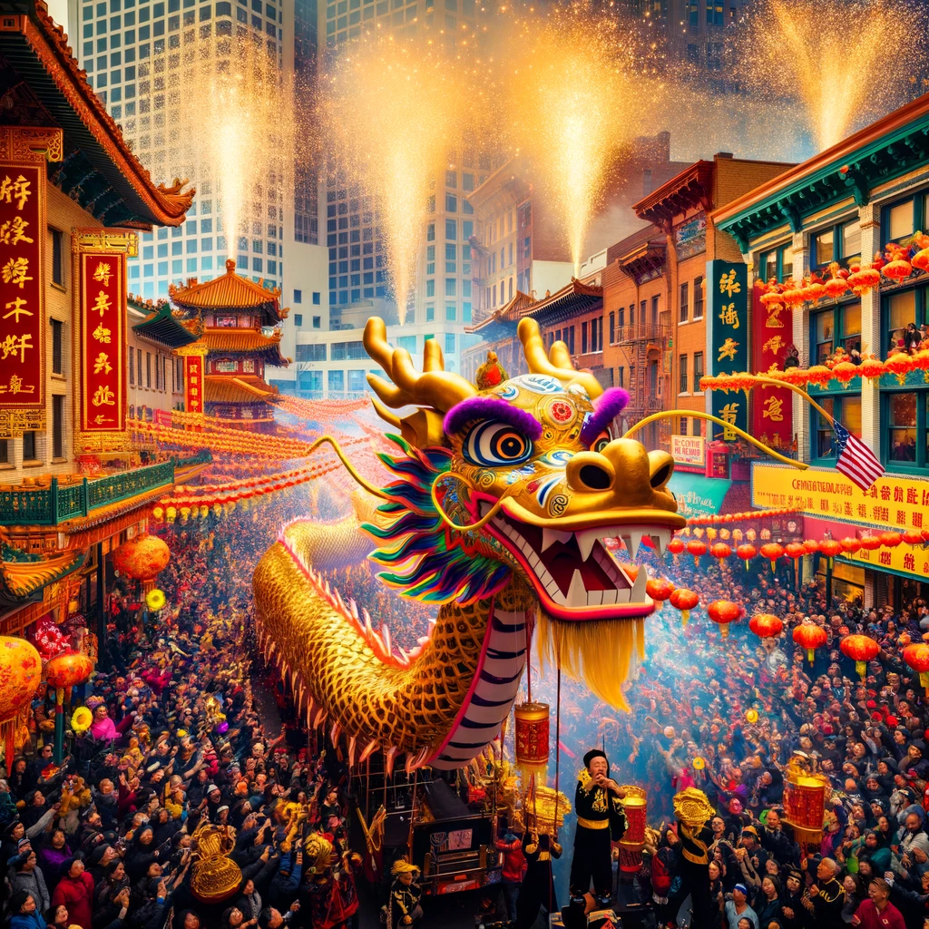 Vibrant scene at the Chinese New Year in San Francisco with a Golden Dragon, crowds, and firecrackers in Chinatown.