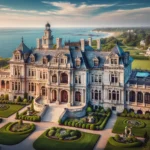 A panoramic view of The Breakers mansion in Newport, showcasing its Italian Renaissance-inspired architecture with a limestone facade and lush gardens.