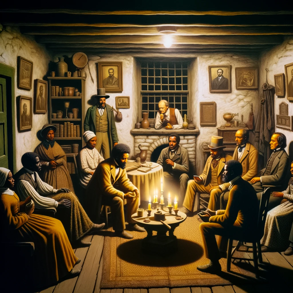 A historical depiction of a secret meeting in a safe house along the Underground Railroad, featuring a diverse group including an African American conductor and a white abolitionist, in a candlelit 19th-century living room, illustrating the secrecy and danger of their mission.