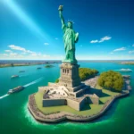 Panoramic view of the Statue of Liberty with tourists on a nearby boat, symbolizing freedom and democracy against a backdrop of clear blue skies and vibrant green water.