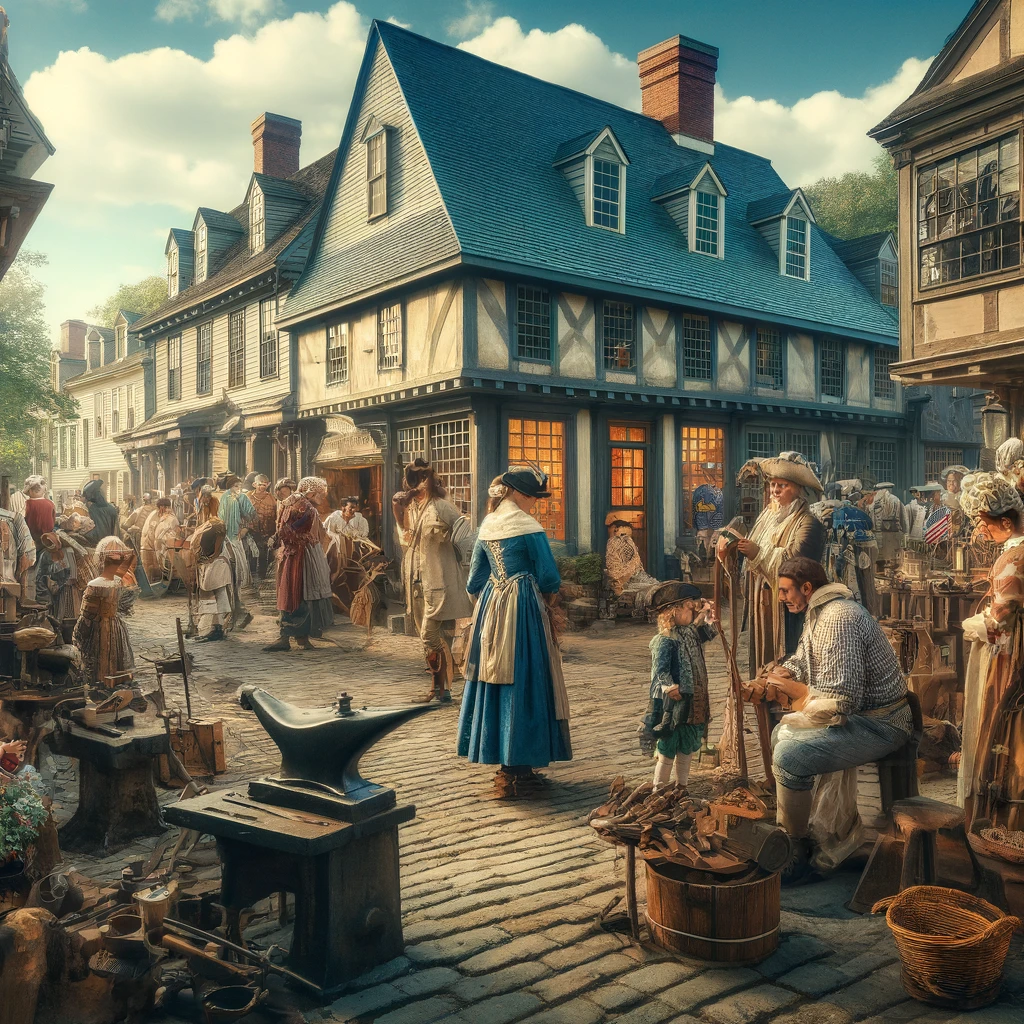 A vivid reenactment scene in Colonial Williamsburg with colonial artisans and townspeople in traditional costumes, engaging in 18th-century activities on a cobblestone street.