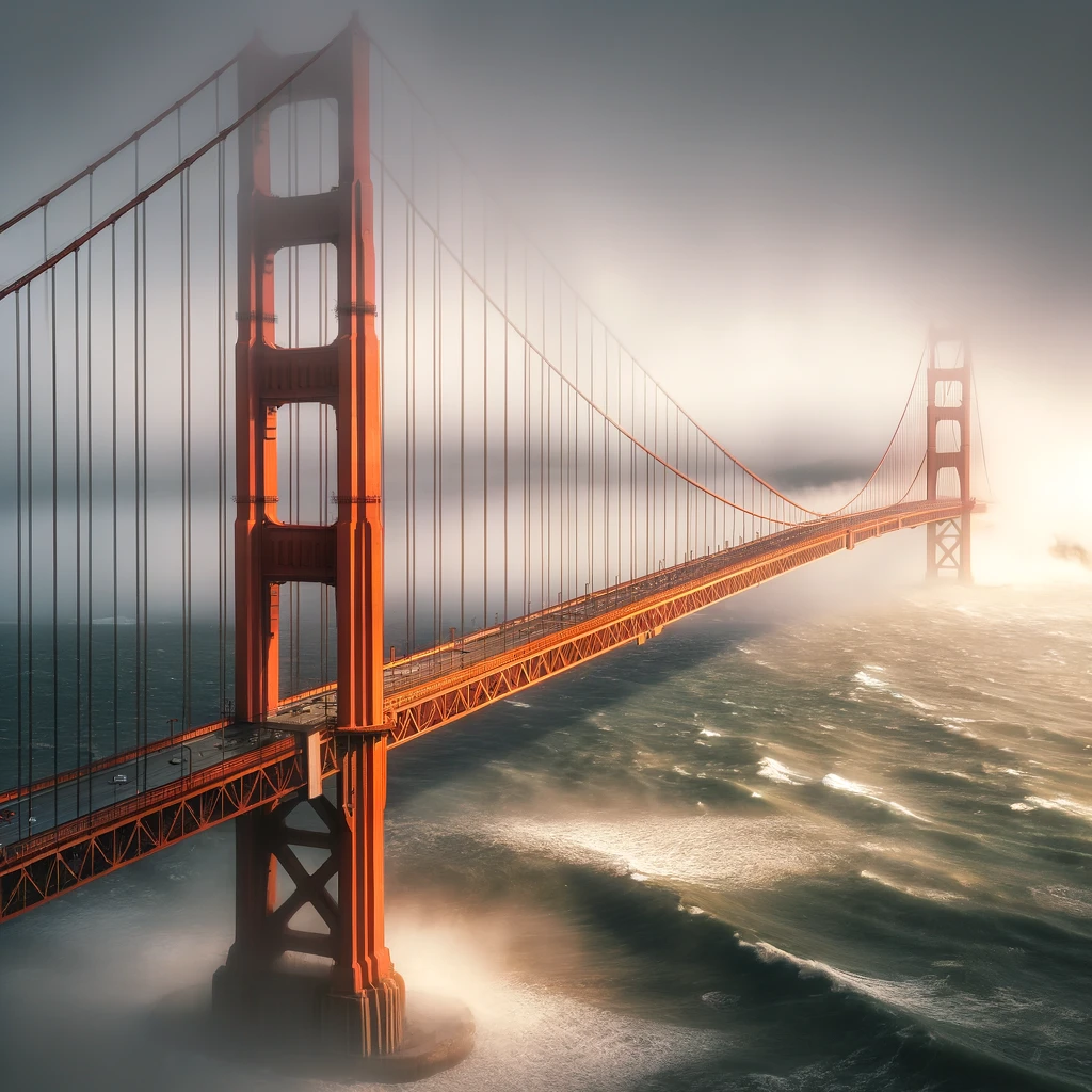 The Golden Gate Bridge on a foggy day, with its iconic International Orange color vivid against the grey fog. The massive steel cables and the Art Deco towers are visible. The turbulent waters of the Golden Gate Strait reflect the sunlight peeking through the clouds, symbolizing the bridge's engineering marvel and historical significance.