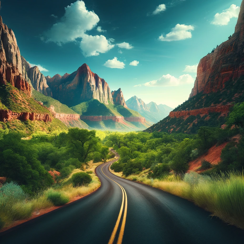 Serene road through Zion National Park's lush landscapes with panoramic views of red cliffs and blue sky.