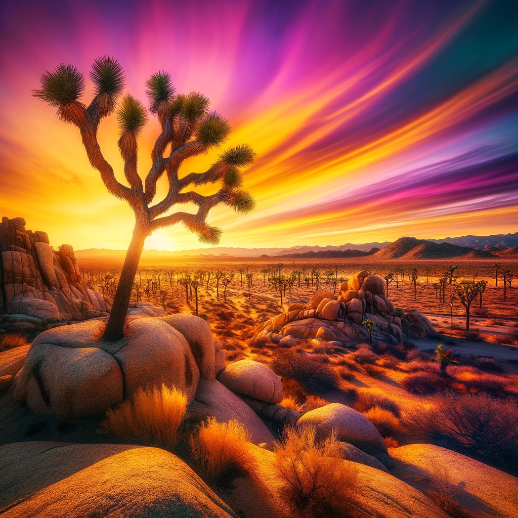 Sunset at Joshua Tree National Park, featuring iconic Joshua trees and rocky landscapes under a vibrant sky transitioning from yellow to purple.