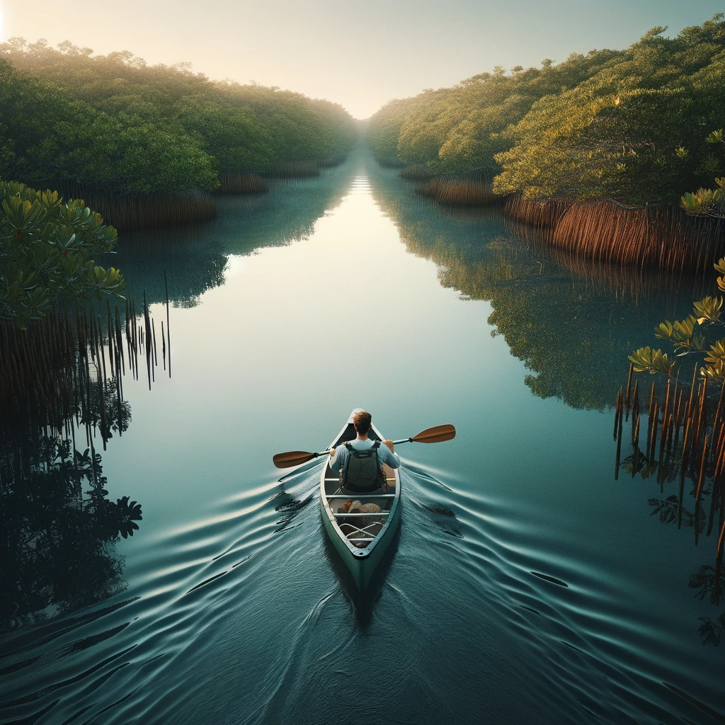 Solo kayaker paddling through calm waters surrounded by dense mangroves in Everglades National Park, capturing the essence of adventure in a subtropical wilderness.