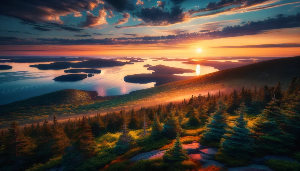 Panoramic sunrise view from Cadillac Mountain in Acadia National Park, showcasing vibrant sky colors and serene landscapes, ideal for photography enthusiasts.
