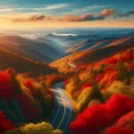 Panoramic autumn view of the Blue Ridge Parkway, featuring a winding road through a colorful forest under a clear blue sky.