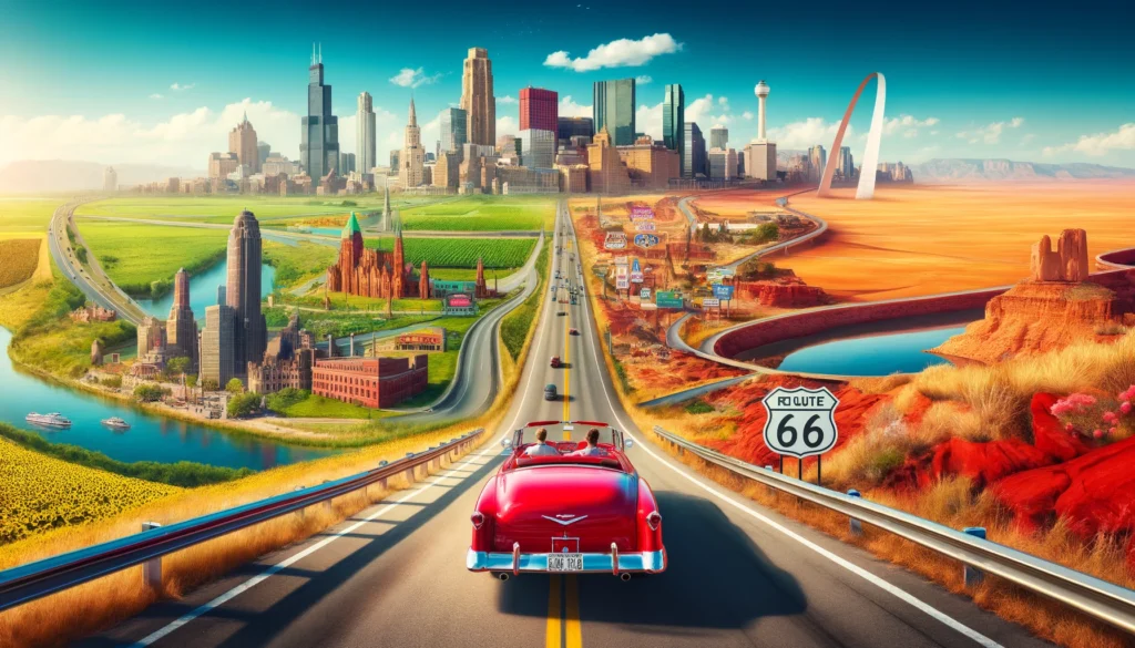 Scenic view of Route 66, featuring urban Chicago, Illinois farmlands, and Arizona deserts with a red convertible car driving down the highway under a clear blue sky.
