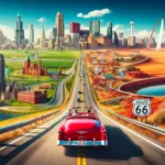 Scenic view of Route 66, featuring urban Chicago, Illinois farmlands, and Arizona deserts with a red convertible car driving down the highway under a clear blue sky.
