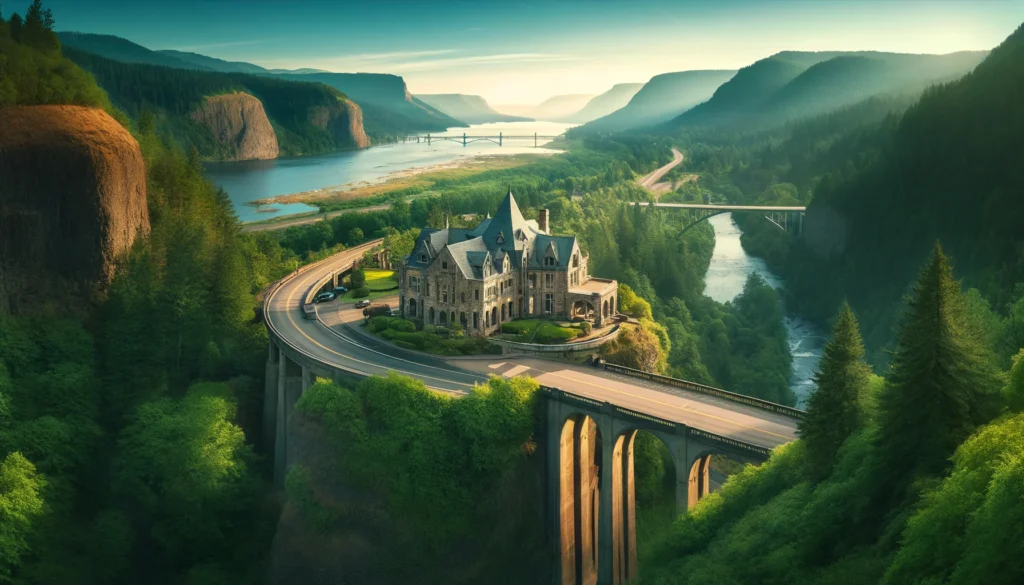 Panoramic view of the Historic Columbia River Highway with the Vista House at Crown Point overlooking the Columbia River Gorge, showcasing lush greenery and stone arch bridges under a clear blue sky.