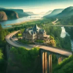 Panoramic view of the Historic Columbia River Highway with the Vista House at Crown Point overlooking the Columbia River Gorge, showcasing lush greenery and stone arch bridges under a clear blue sky.