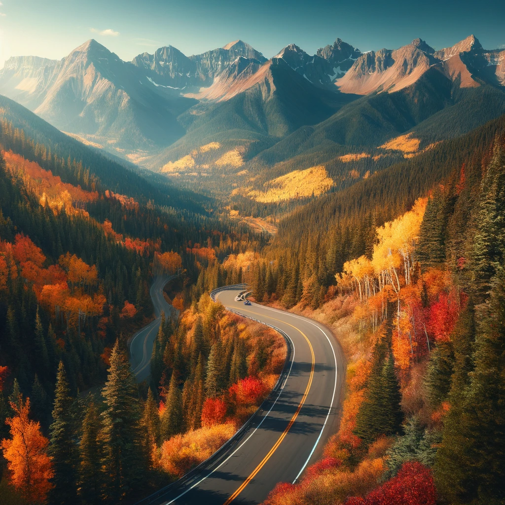 A picturesque view of the San Juan Skyway in Colorado during autumn, featuring vibrant fall foliage, the Rocky Mountains, and a winding road, capturing the essence of a scenic American drive.