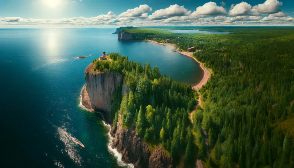 Panoramic view of North Shore Drive along Lake Superior showing rugged coastline with cliffs, dense forests, and kayakers on the water, highlighting the natural beauty and diverse activities available.