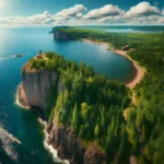 Panoramic view of North Shore Drive along Lake Superior showing rugged coastline with cliffs, dense forests, and kayakers on the water, highlighting the natural beauty and diverse activities available.