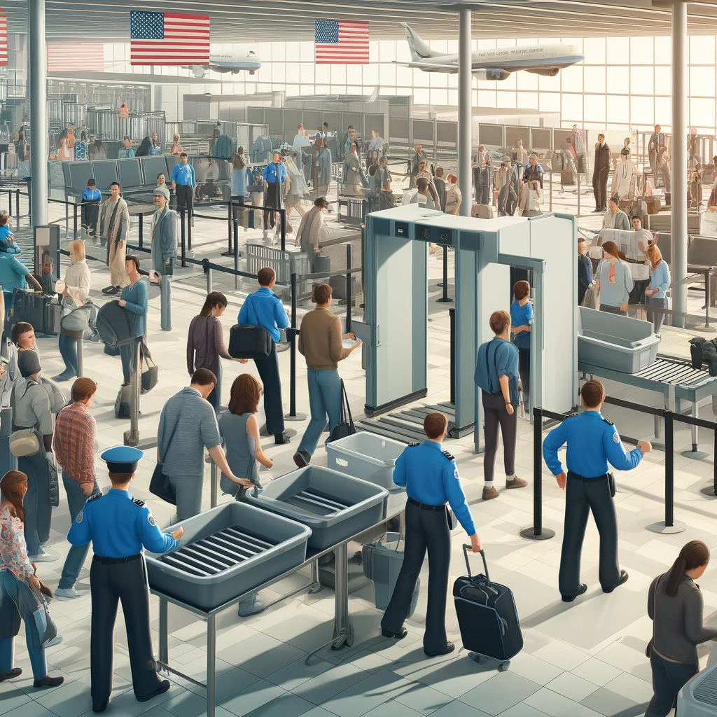 Busy airport security checkpoint in the United States with travelers and TSA officers.