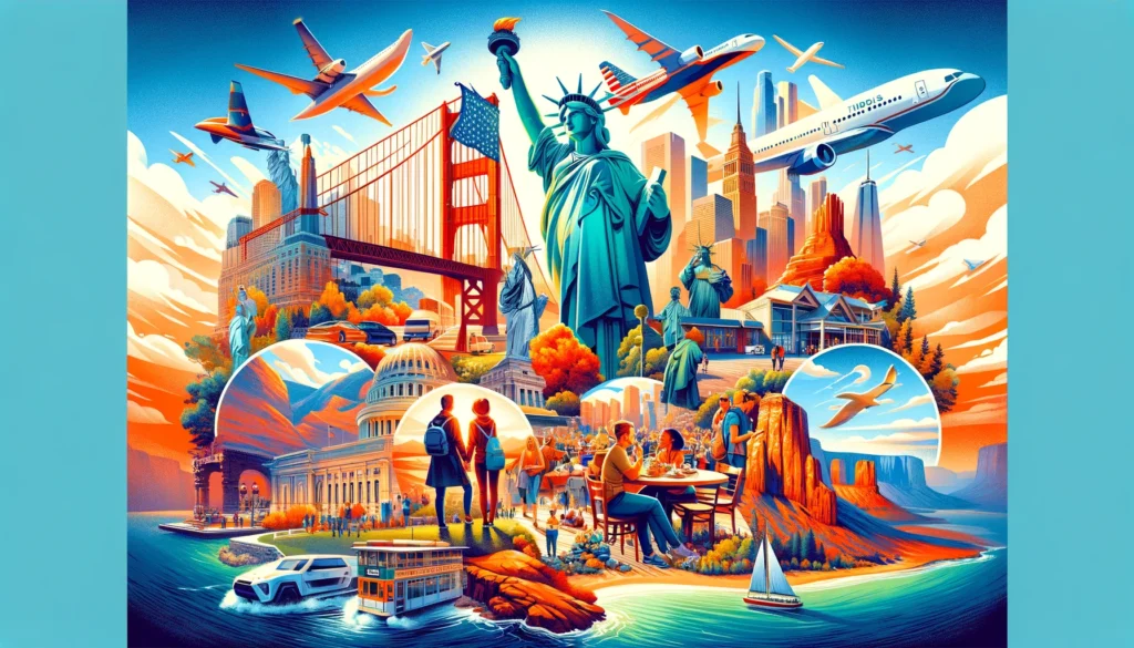 A vibrant collage representing a first-time visit to the U.S., including iconic landmarks like the Statue of Liberty, Golden Gate Bridge, and Grand Canyon, with scenes of people dining, hiking, and using public transportation.