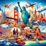 A vibrant collage representing a first-time visit to the U.S., including iconic landmarks like the Statue of Liberty, Golden Gate Bridge, and Grand Canyon, with scenes of people dining, hiking, and using public transportation.