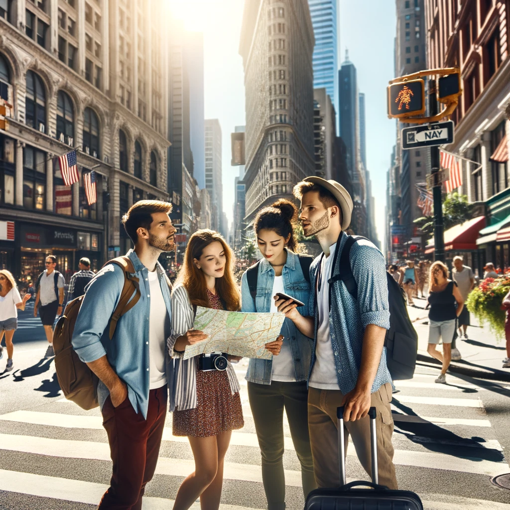 Tourists exploring a bustling street in a major U.S. city, engaging with the vibrant urban environment safely and joyfully.