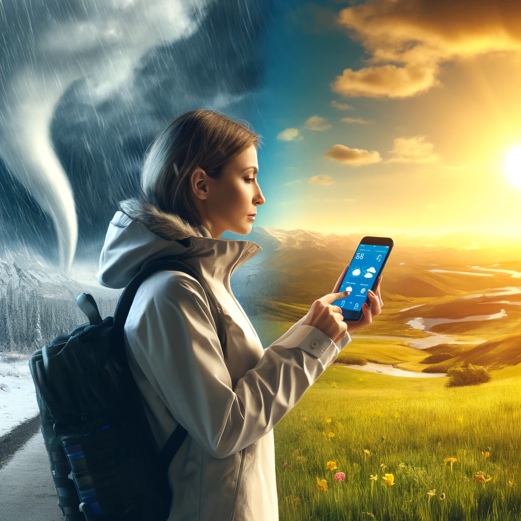 A female traveler in her mid-30s checks a weather app on her smartphone. The scene includes a tornado in the distance on the left, sunny skies in the center, and snowy mountains on the right, symbolizing various U.S. weather extremes.