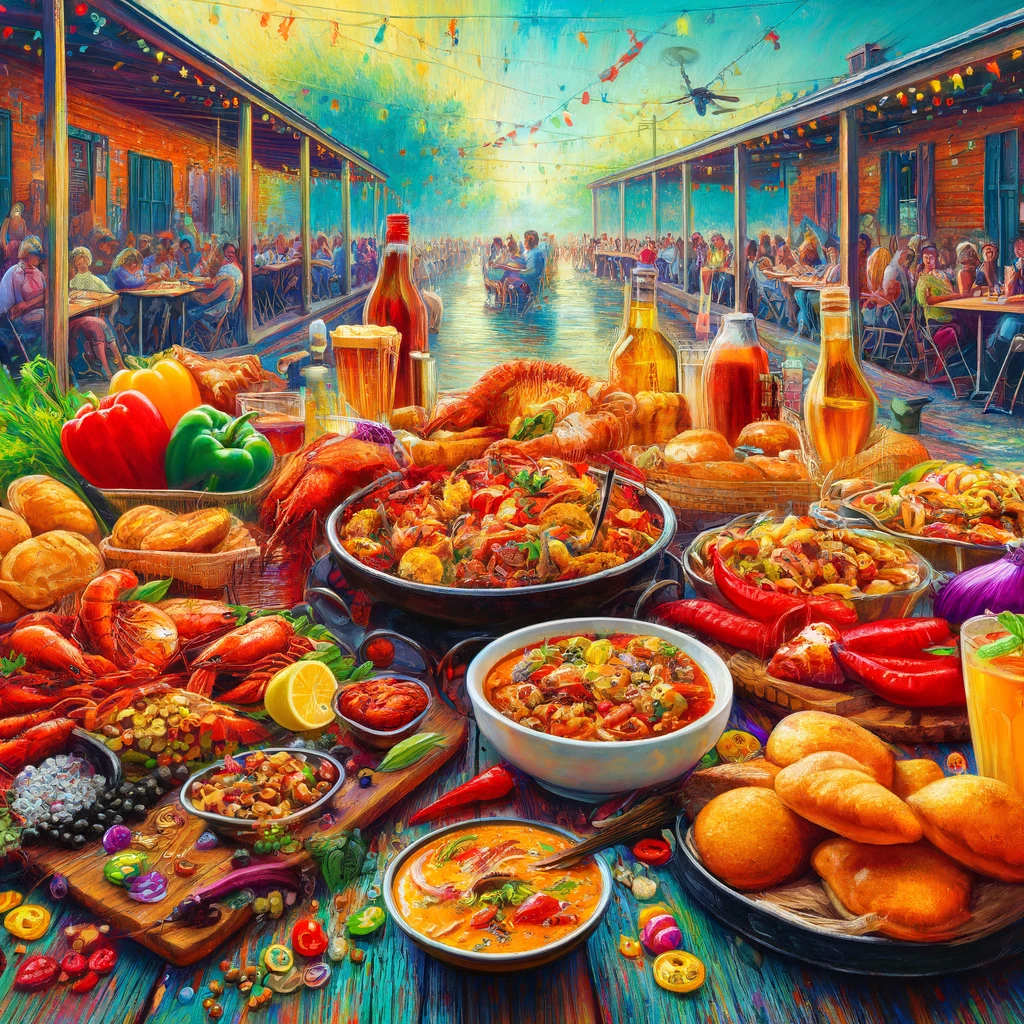 A colorful depiction of a Cajun and Creole feast at an outdoor festival in Louisiana, featuring traditional dishes like jambalaya, gumbo, and shrimp Creole, with guests enjoying music and food.