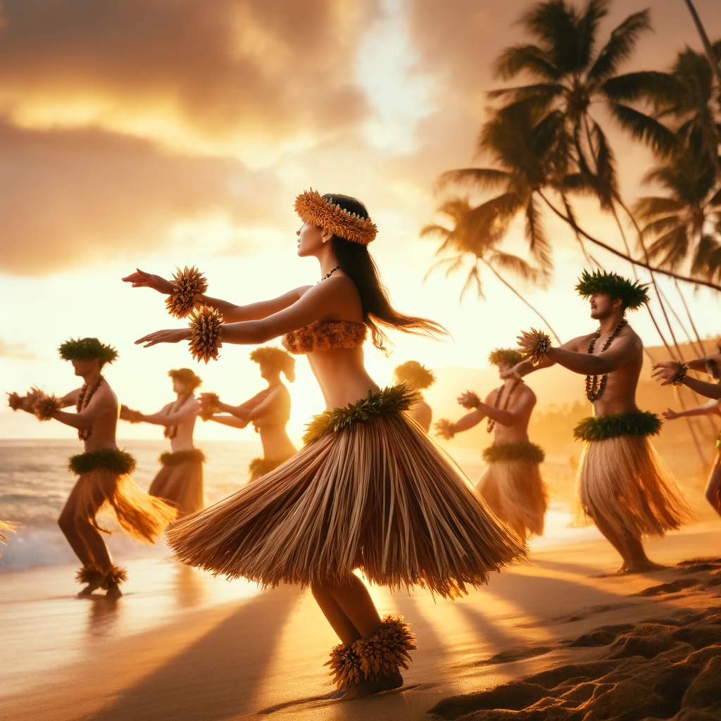 Traditional hula dancers performing on a Hawaiian beach at sunset, showcasing authentic cultural attire and expressive movements.