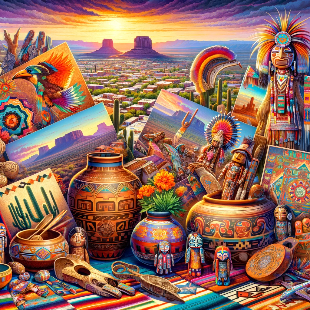 A vibrant collage showcasing Native American art in the Southwest United States, featuring intricate pottery, vibrant textiles, Navajo rugs, and kachina dolls against a sunset sky.