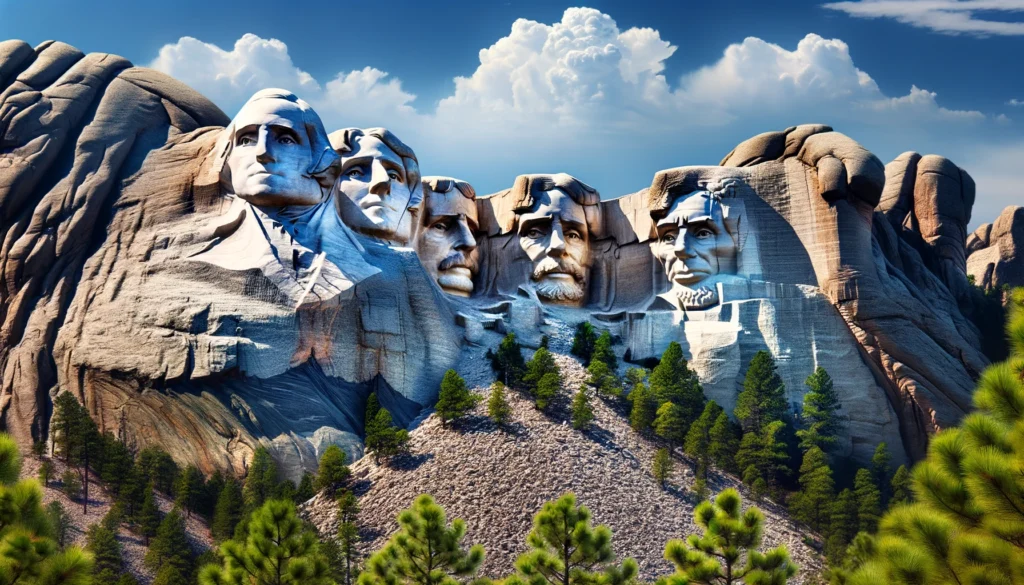 A panoramic view of Mount Rushmore with the faces of Presidents Washington, Jefferson, Roosevelt, and Lincoln, surrounded by pine trees in South Dakota's Black Hills.