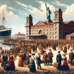 A panoramic view of Ellis Island with the Statue of Liberty in the background, showing early 20th century immigrants disembarking from a steamship, carrying bags and looking hopeful.