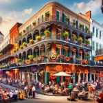 Vibrant street scene in the French Quarter of New Orleans, highlighting historic Spanish colonial architecture, French balconies, street musicians, and diverse crowd enjoying local cuisine at outdoor cafes.