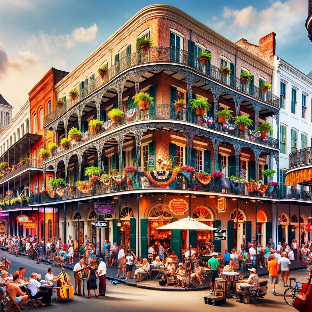 Vibrant street scene in the French Quarter of New Orleans, highlighting historic Spanish colonial architecture, French balconies, street musicians, and diverse crowd enjoying local cuisine at outdoor cafes.