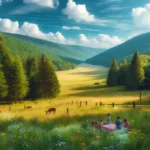 A family enjoys a picnic in Big Meadows within Shenandoah National Park, surrounded by lush greenery, wildflowers, and a grazing deer, under a clear blue sky.