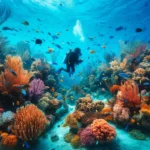 A diver explores the colorful coral reefs at Biscayne National Park, surrounded by tropical fish and clear blue waters.