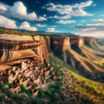 Panoramic view of Mesa Verde National Park showcasing the famous cliff dwellings, such as Cliff Palace, nestled in the canyon walls under a clear blue sky with scattered clouds. The surrounding landscape features rugged cliffs, green vegetation, and rocky terrain.