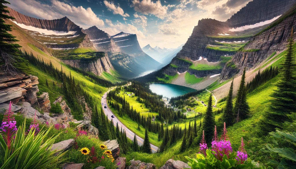 Breathtaking view of Going-to-the-Sun Road winding through Glacier National Park with mountain peaks, alpine meadows, and a crystal-clear lake.