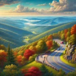 Scenic view of Skyline Drive in Shenandoah National Park with a winding road, vibrant fall foliage, and a panoramic view of the valley and mountains.