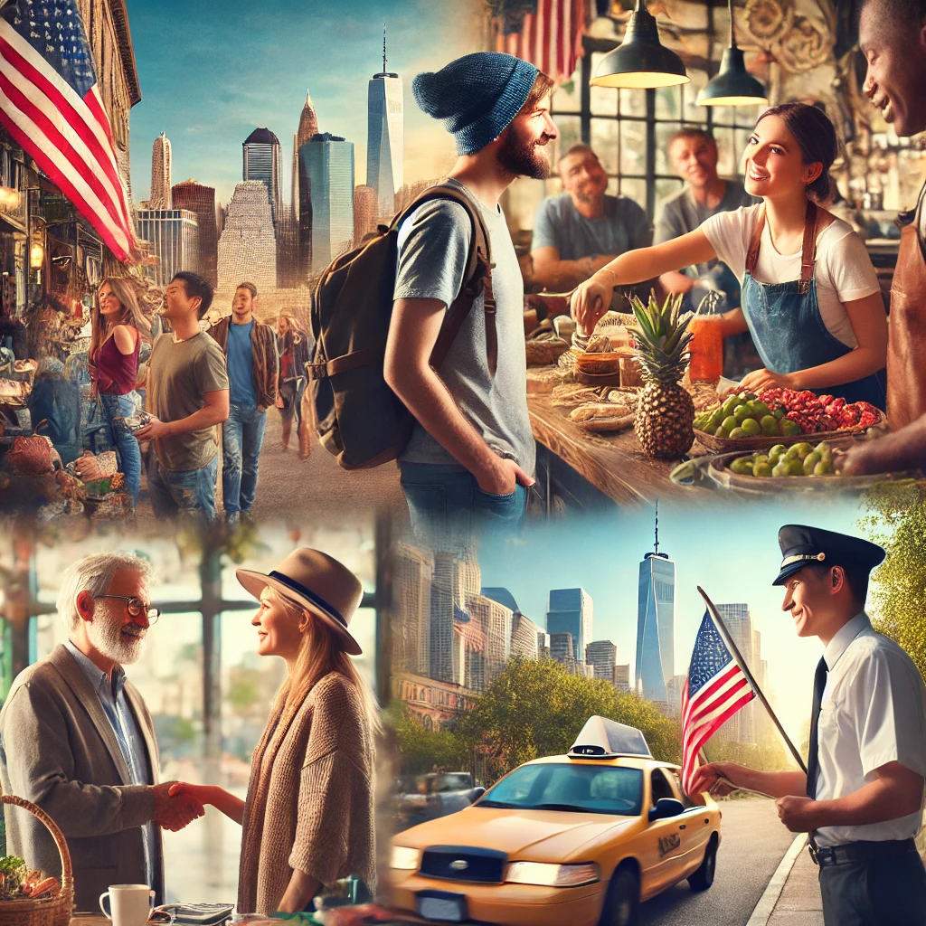 Traveler interacting with locals in the United States, engaging in small talk with a vendor, standing in line at a cafe, and tipping a taxi driver in an urban cityscape.