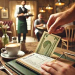 Person leaving a tip at a restaurant table with a bill folder, coffee cup, and food on the table in a cozy setting.